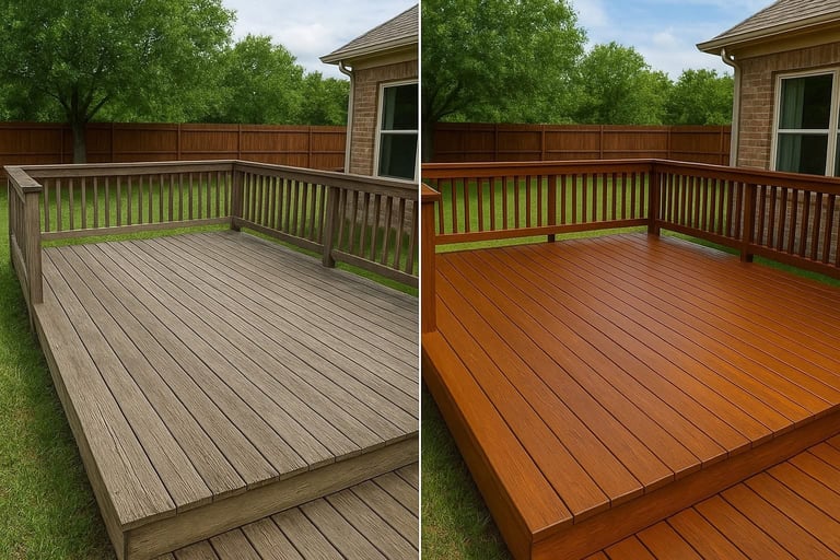 Side-by-side comparison weathered gray deck and newly stained reddish-brown deck by Central Ohio Deck Staining