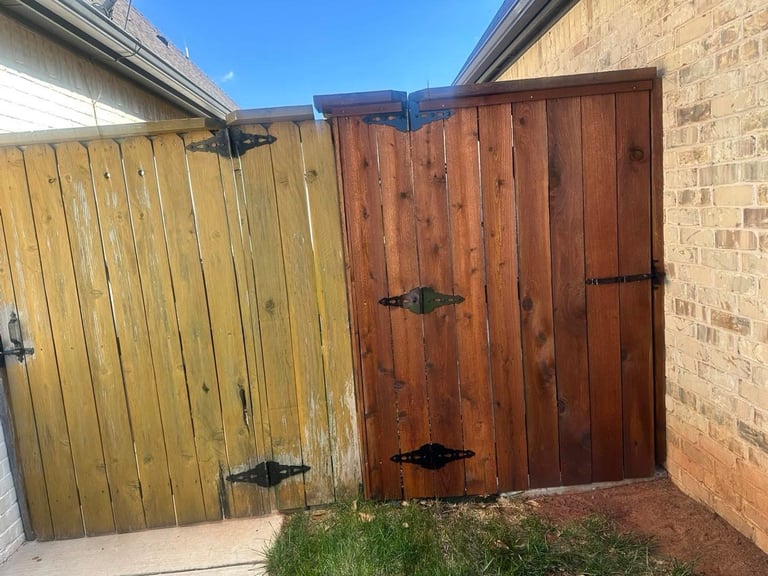 Two wooden gates side by side with fresh stain by Central Ohio Deck Staining